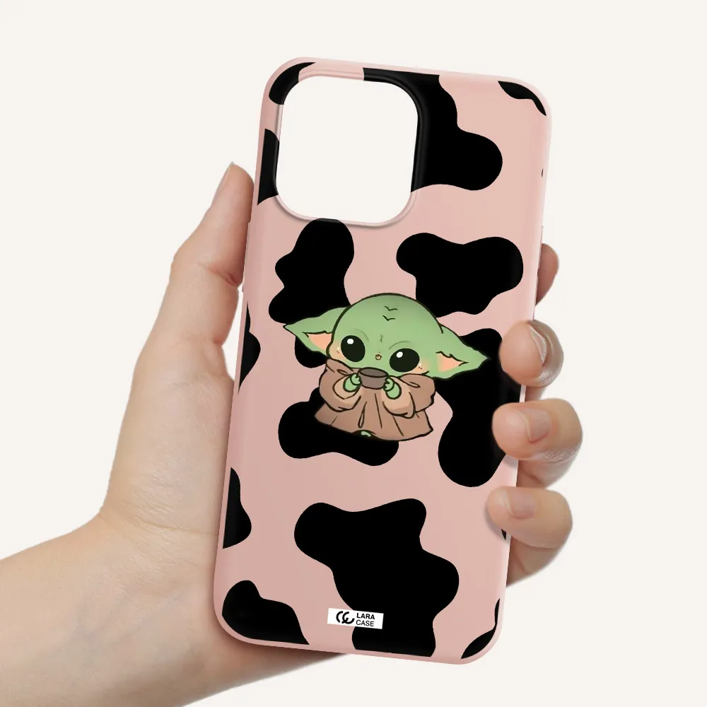 a cartoon of a baby yoda Apple iPhone 14 pro Silicone pastel pink Case