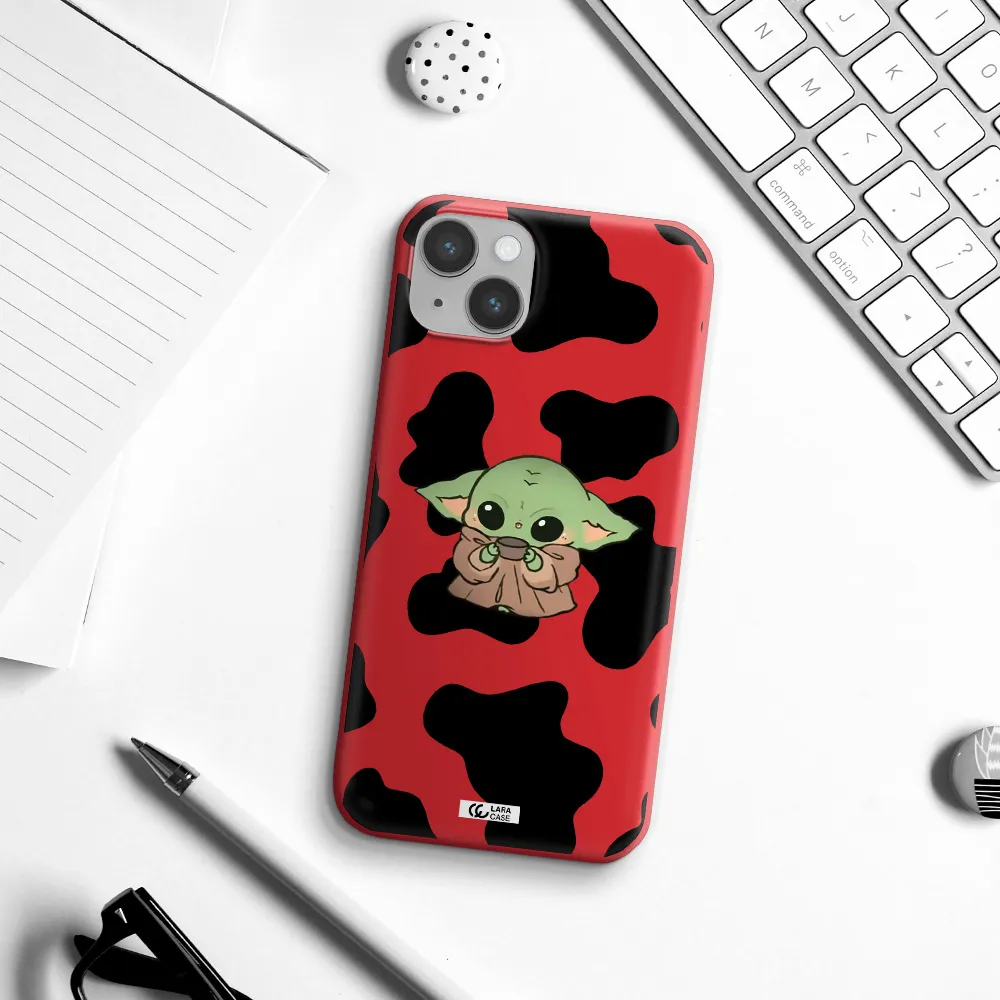 a cartoon of a baby yoda Apple iPhone 14 Silicone Imperial Red Case