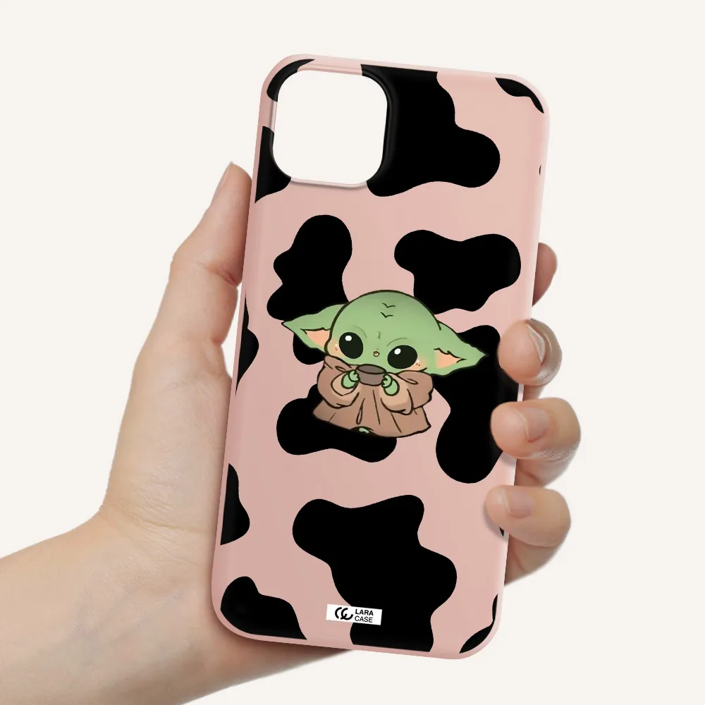 a cartoon of a baby yoda Apple iPhone 14 Silicone pastel pink Case