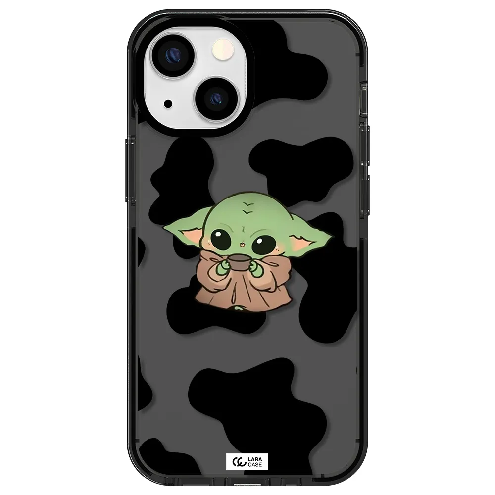 a cartoon of a baby yoda Apple iPhone 15 impact Smoke Black Case