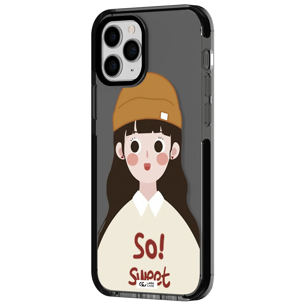 a cartoon of a girl with brown hair Apple iPhone 11 pro max impact Smoke Black Case