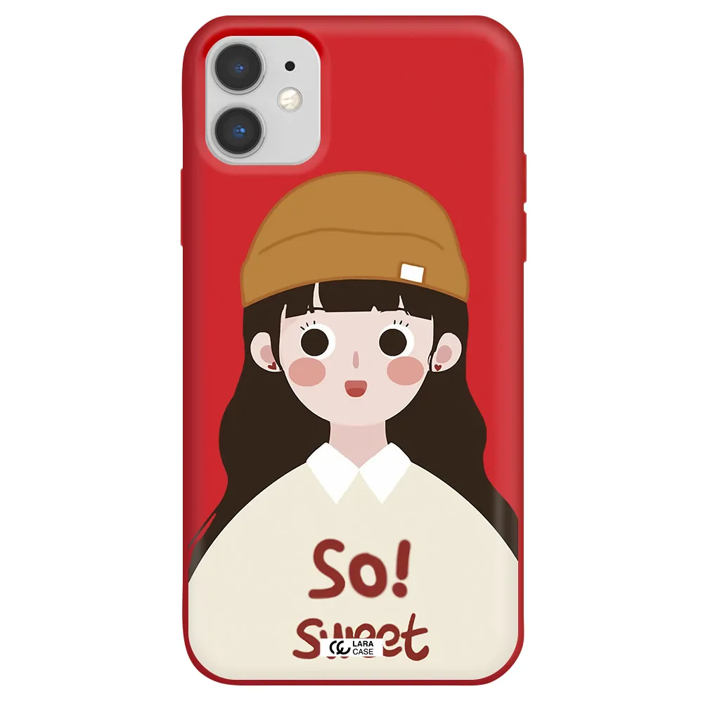 a cartoon of a girl with brown hair Apple iPhone 11 Silicone Imperial Red Case