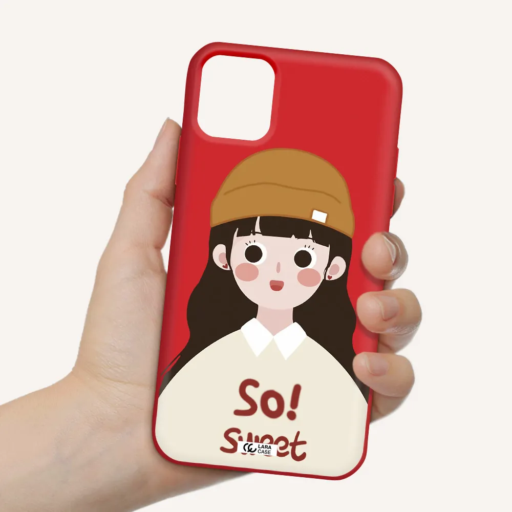 a cartoon of a girl with brown hair Apple iPhone 11 Silicone Imperial Red Case