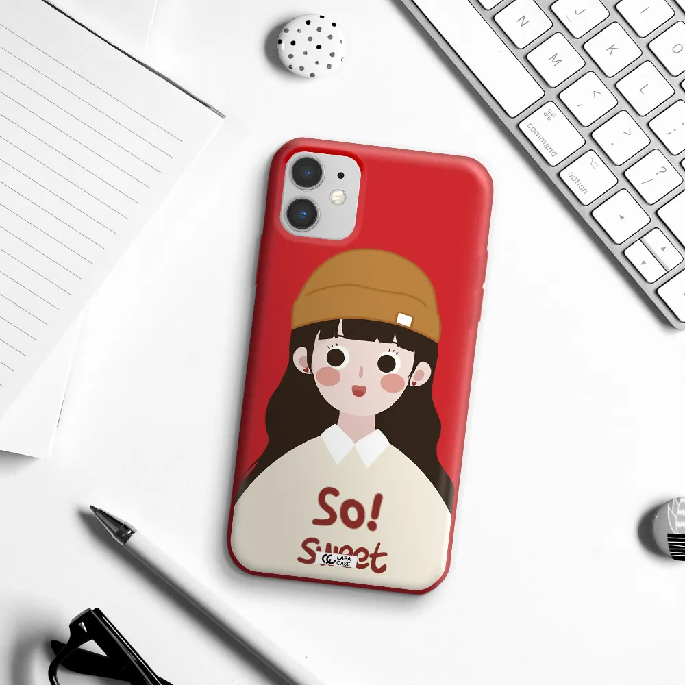 a cartoon of a girl with brown hair Apple iPhone 11 Silicone Imperial Red Case