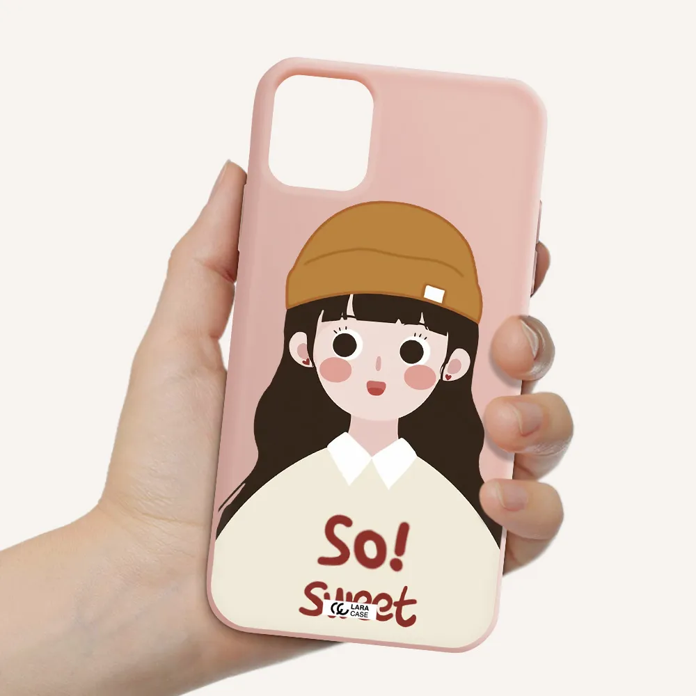 a cartoon of a girl with brown hair Apple iPhone 11 Silicone pastel pink Case