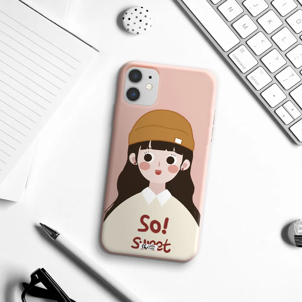 a cartoon of a girl with brown hair Apple iPhone 11 Silicone pastel pink Case