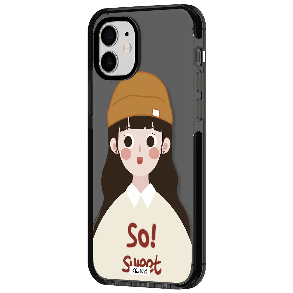 a cartoon of a girl with brown hair Apple iPhone 12 impact Smoke Black Case