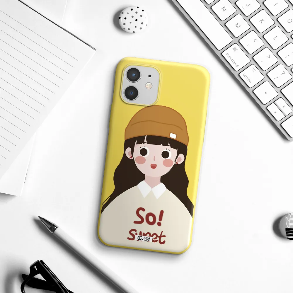 a cartoon of a girl with brown hair Apple iPhone 12 mini Silicone canary yellow Case