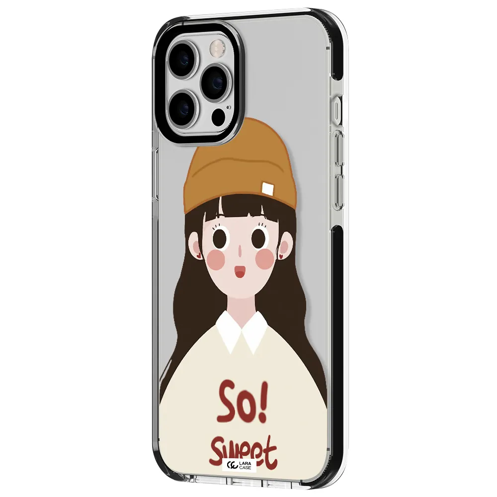a cartoon of a girl with brown hair Apple iPhone 12 pro max impact black border Case