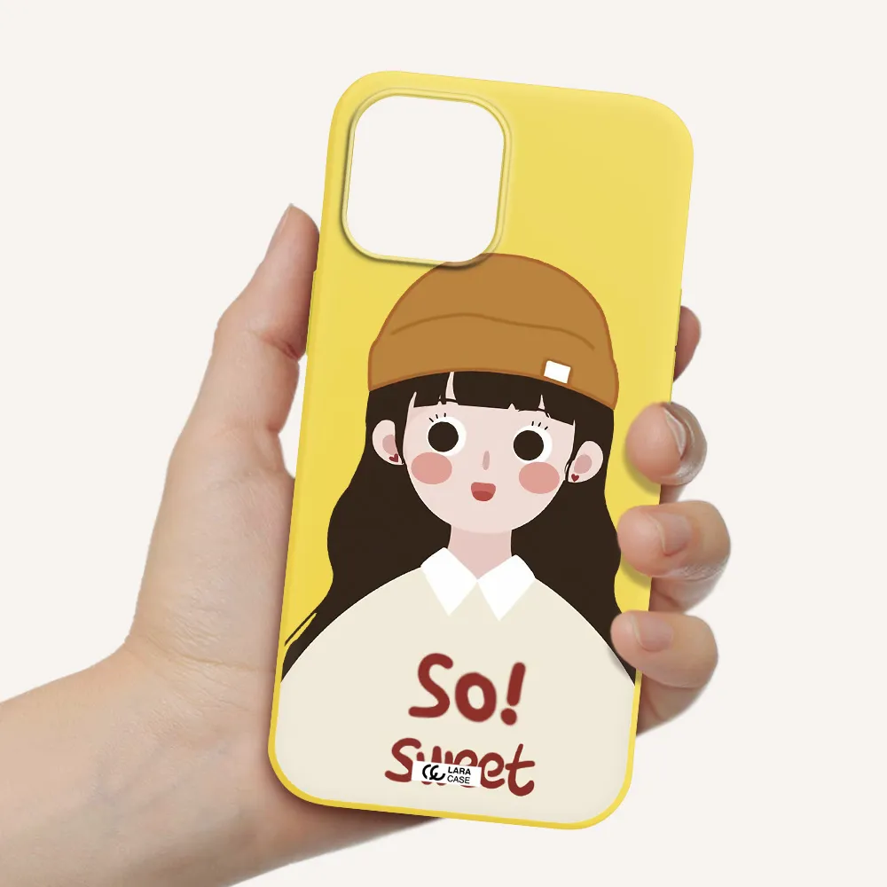 a cartoon of a girl with brown hair Apple iPhone 12 pro max Silicone canary yellow Case