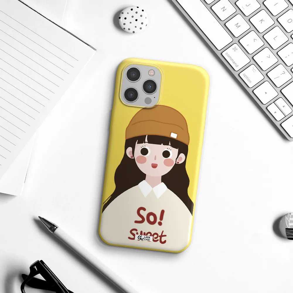 a cartoon of a girl with brown hair Apple iPhone 12 pro max Silicone canary yellow Case