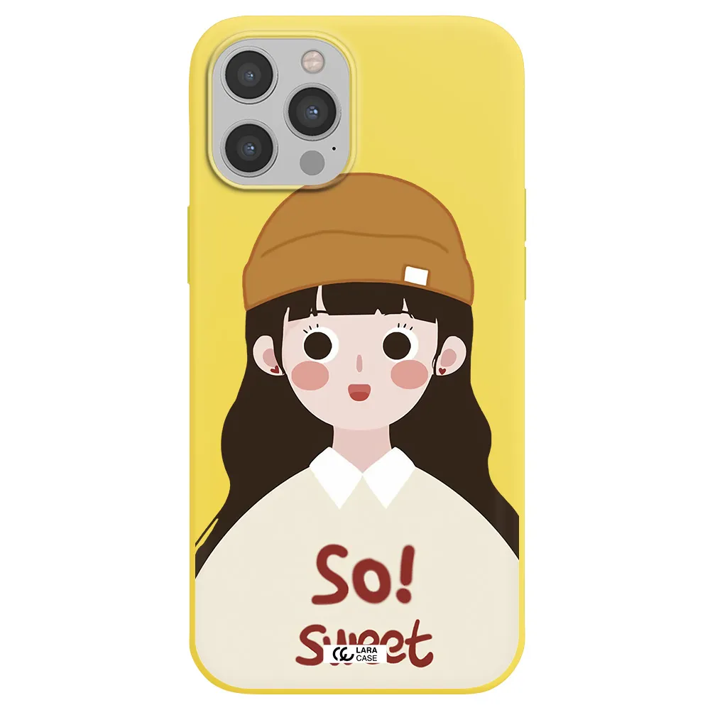 a cartoon of a girl with brown hair Apple iPhone 12 pro Silicone canary yellow Case