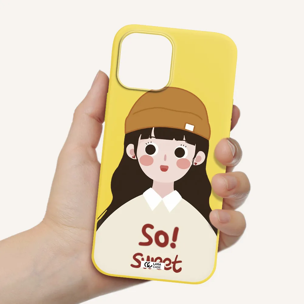 a cartoon of a girl with brown hair Apple iPhone 12 pro Silicone canary yellow Case