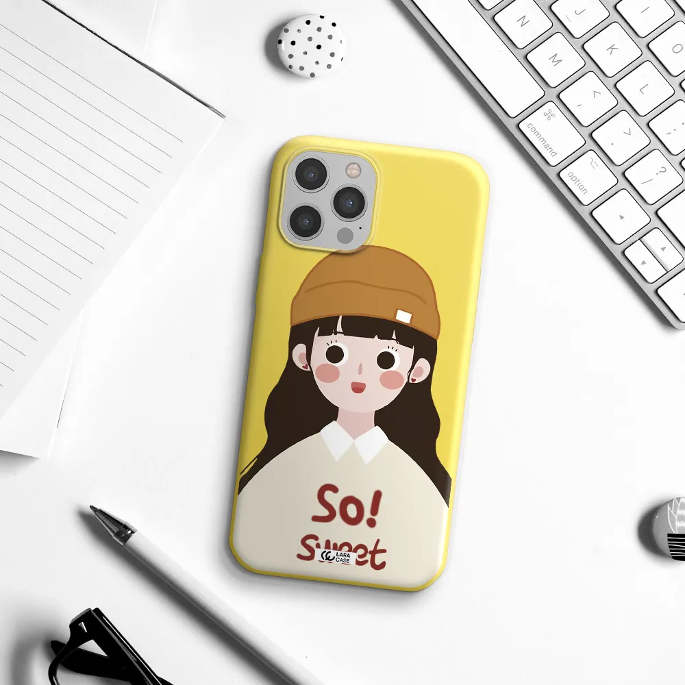 a cartoon of a girl with brown hair Apple iPhone 12 pro Silicone canary yellow Case