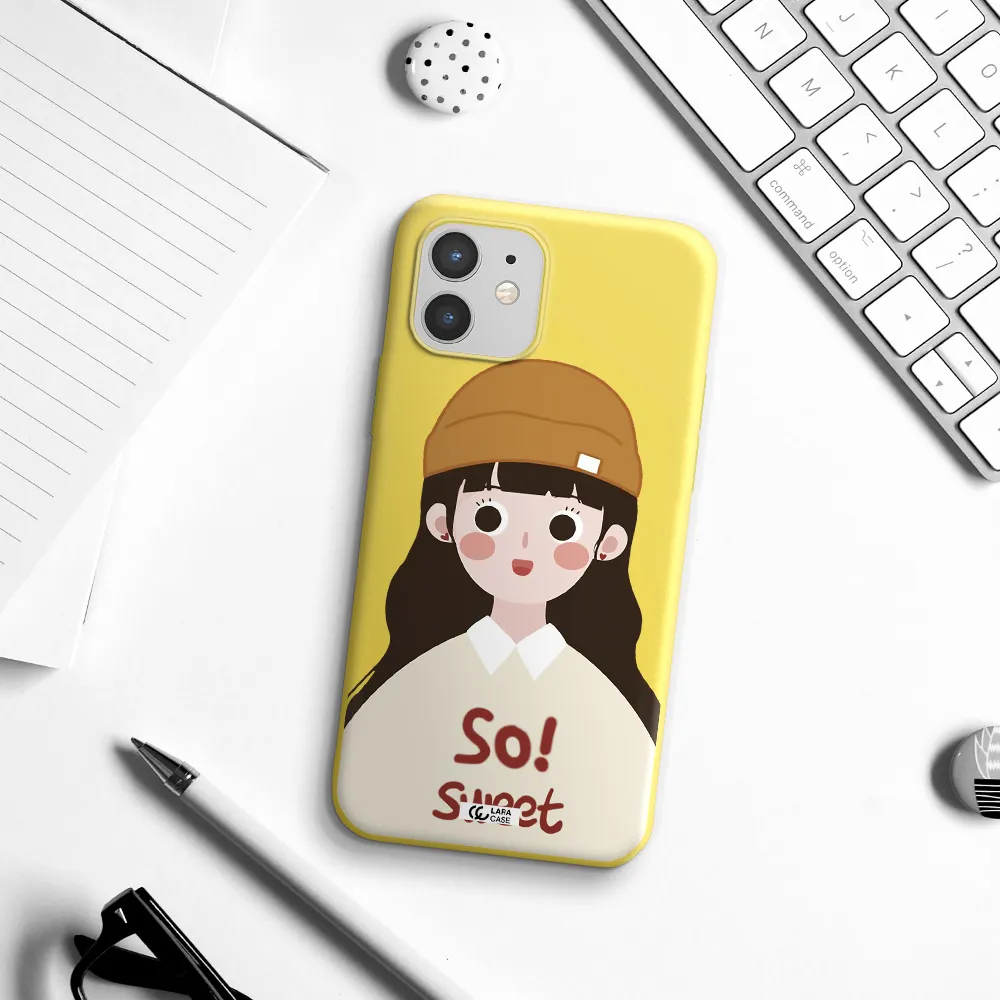 a cartoon of a girl with brown hair Apple iPhone 12 Silicone canary yellow Case