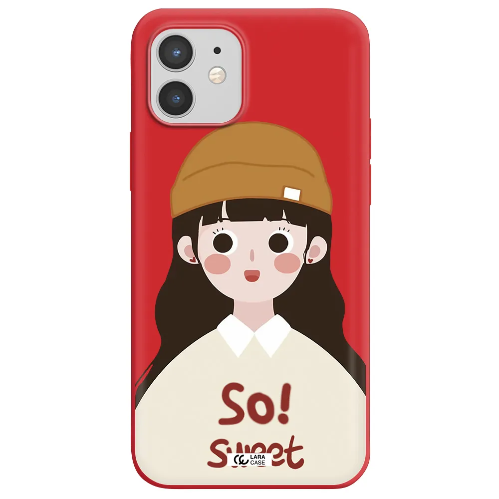 a cartoon of a girl with brown hair Apple iPhone 12 Silicone Imperial Red Case