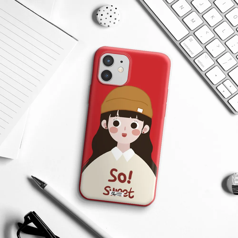 a cartoon of a girl with brown hair Apple iPhone 12 Silicone Imperial Red Case