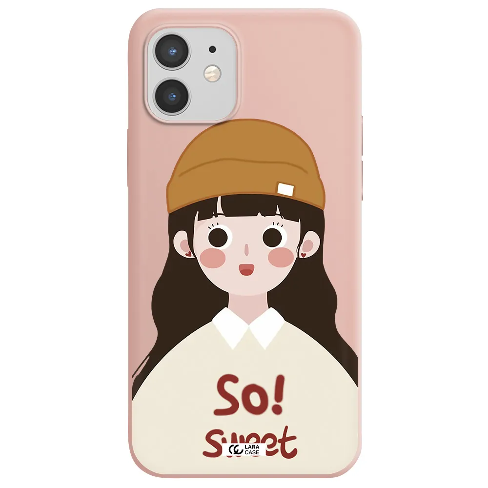 a cartoon of a girl with brown hair Apple iPhone 12 Silicone pastel pink Case