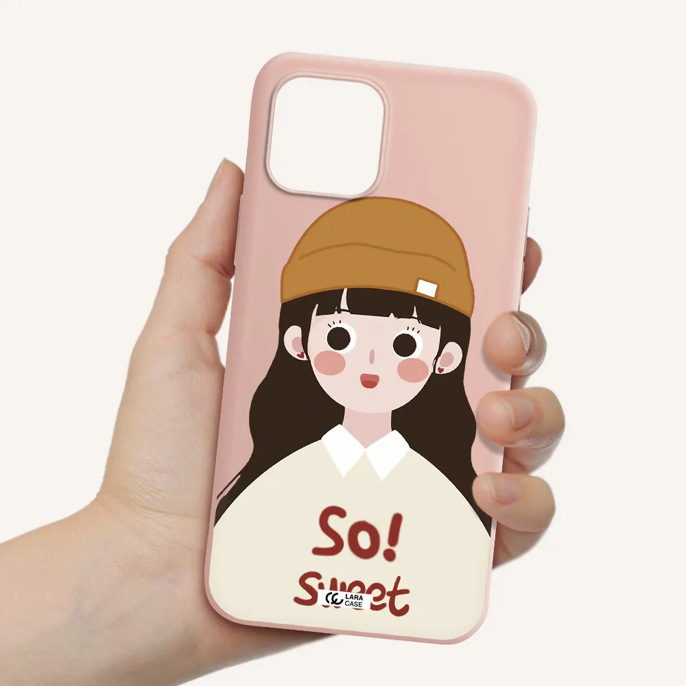 a cartoon of a girl with brown hair Apple iPhone 12 Silicone pastel pink Case