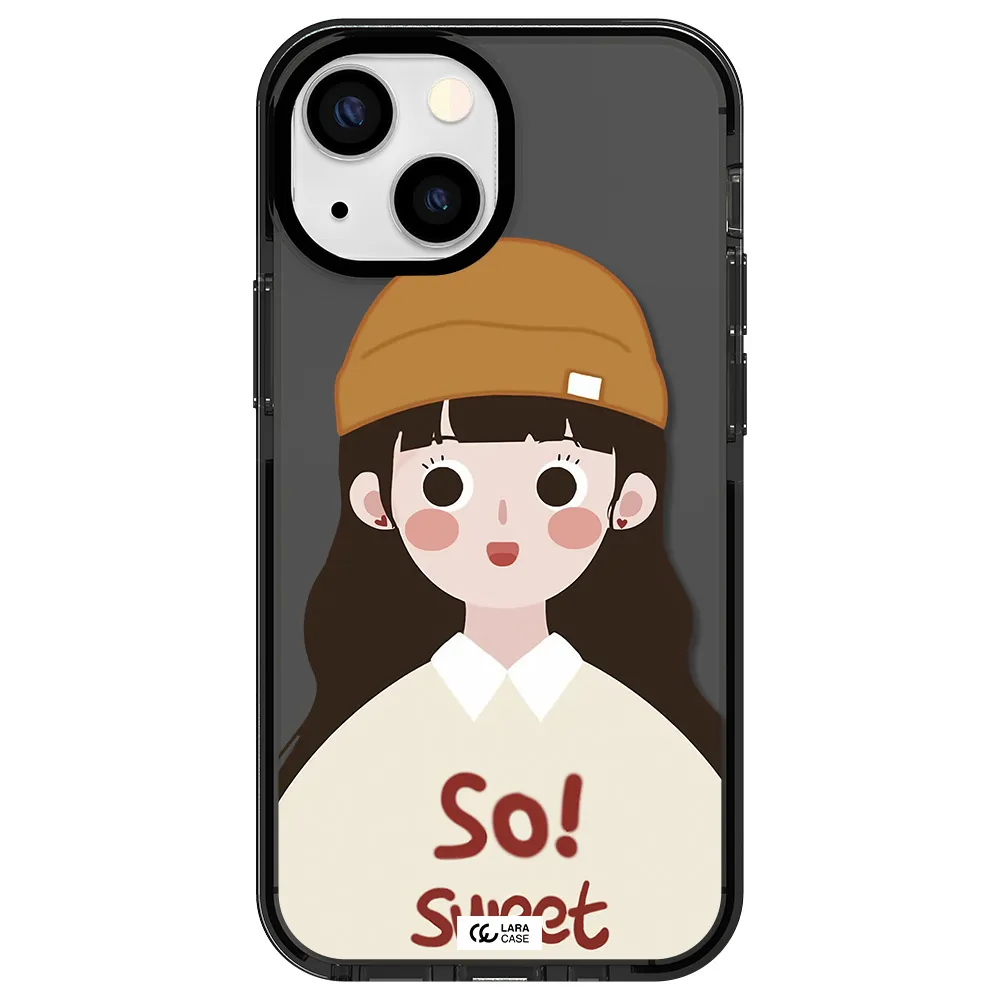 a cartoon of a girl with brown hair Apple iPhone 13 mini impact Smoke Black Case