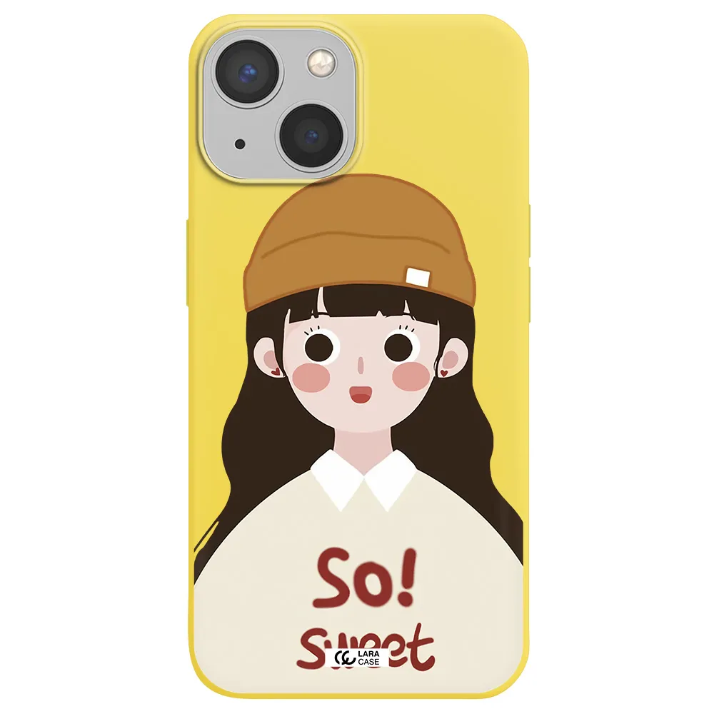 a cartoon of a girl with brown hair Apple iPhone 13 mini Silicone canary yellow Case