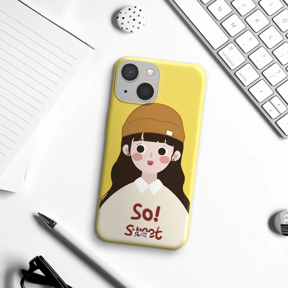 a cartoon of a girl with brown hair Apple iPhone 13 mini Silicone canary yellow Case