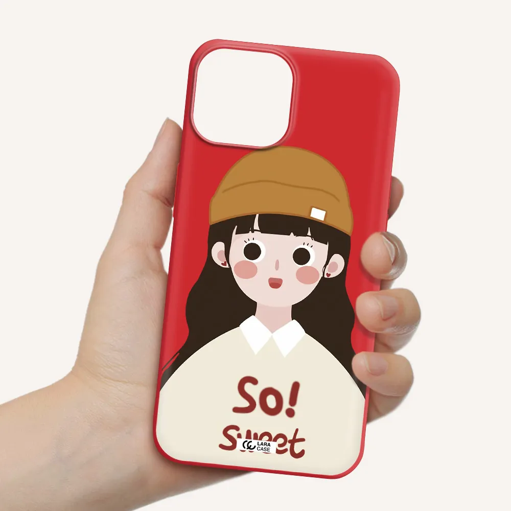 a cartoon of a girl with brown hair Apple iPhone 13 mini Silicone Imperial Red Case