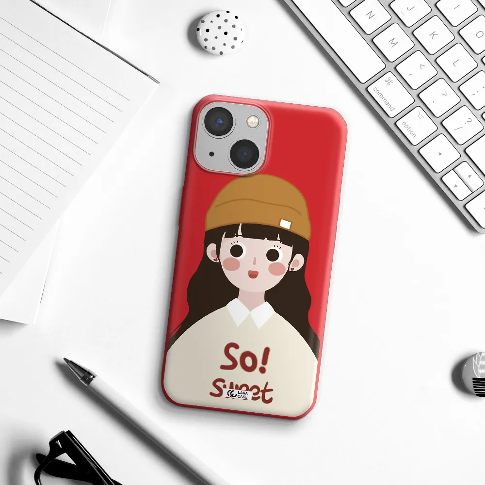 a cartoon of a girl with brown hair Apple iPhone 13 mini Silicone Imperial Red Case