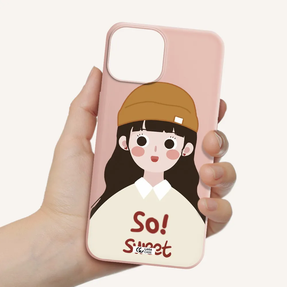 a cartoon of a girl with brown hair Apple iPhone 13 mini Silicone pastel pink Case