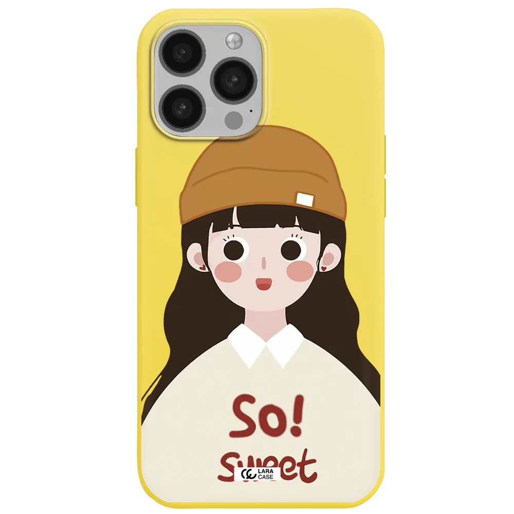 a cartoon of a girl with brown hair Apple iPhone 13 Pro Silicone canary yellow Case