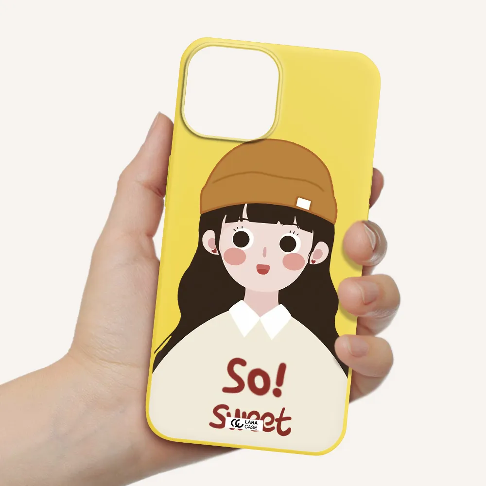 a cartoon of a girl with brown hair Apple iPhone 13 Silicone canary yellow Case