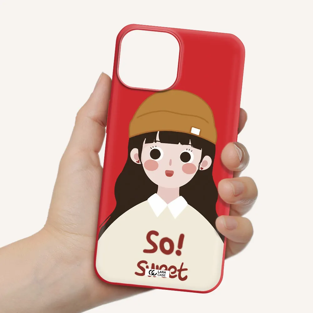 a cartoon of a girl with brown hair Apple iPhone 13 Silicone Imperial Red Case