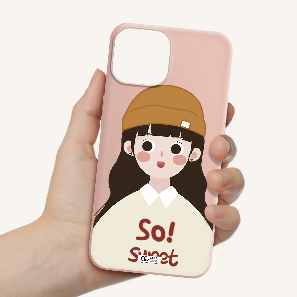 a cartoon of a girl with brown hair Apple iPhone 13 Silicone pastel pink Case