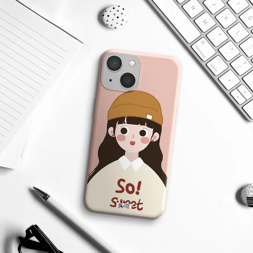 a cartoon of a girl with brown hair Apple iPhone 13 Silicone pastel pink Case