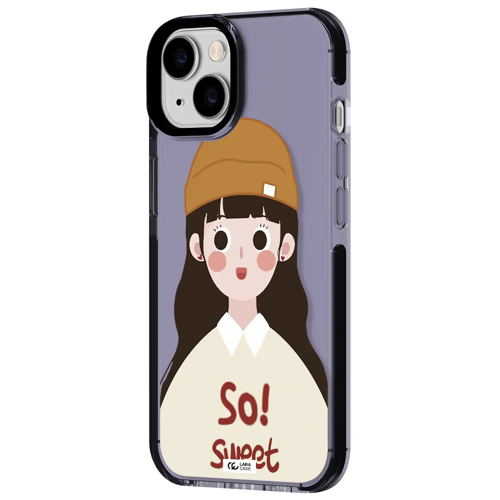 a cartoon of a girl with brown hair Apple iPhone 14 impact Lilac Case