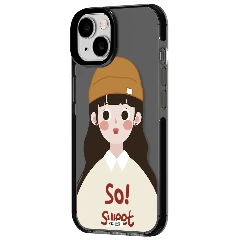 a cartoon of a girl with brown hair Apple iPhone 14 impact Smoke Black Case
