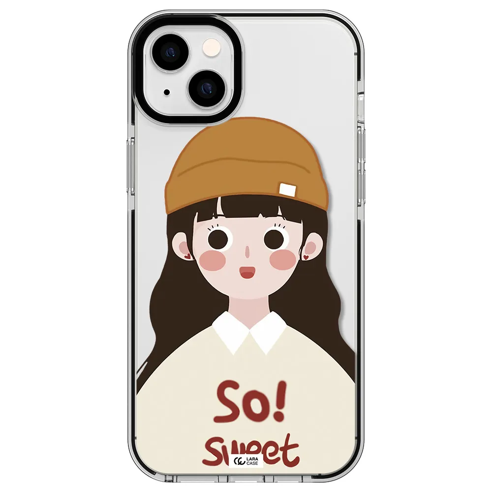 a cartoon of a girl with brown hair Apple iPhone 14 plus impact black border Case
