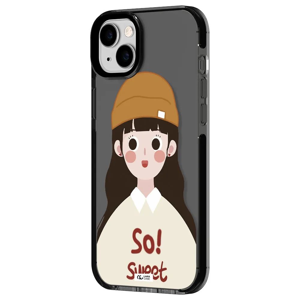 a cartoon of a girl with brown hair Apple iPhone 14 plus impact Smoke Black Case