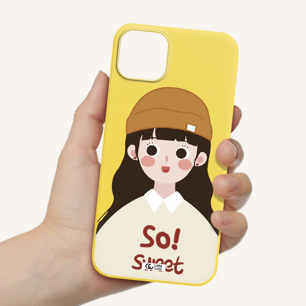 a cartoon of a girl with brown hair Apple iPhone 14 plus Silicone canary yellow Case