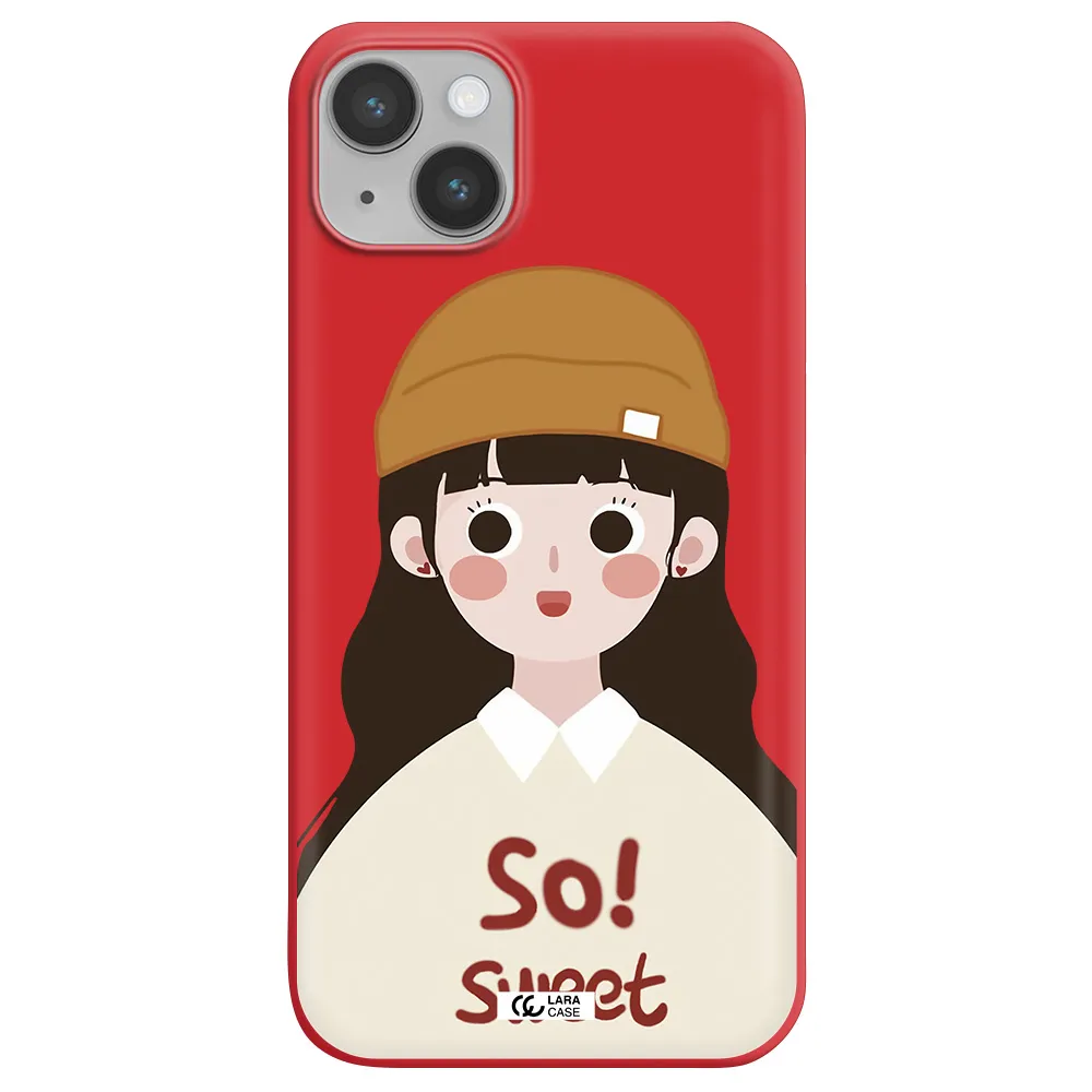 a cartoon of a girl with brown hair Apple iPhone 14 plus Silicone Imperial Red Case