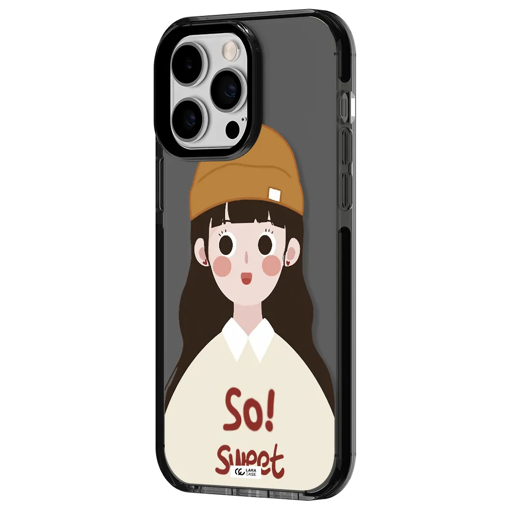 a cartoon of a girl with brown hair Apple iPhone 14 pro max impact Smoke Black Case