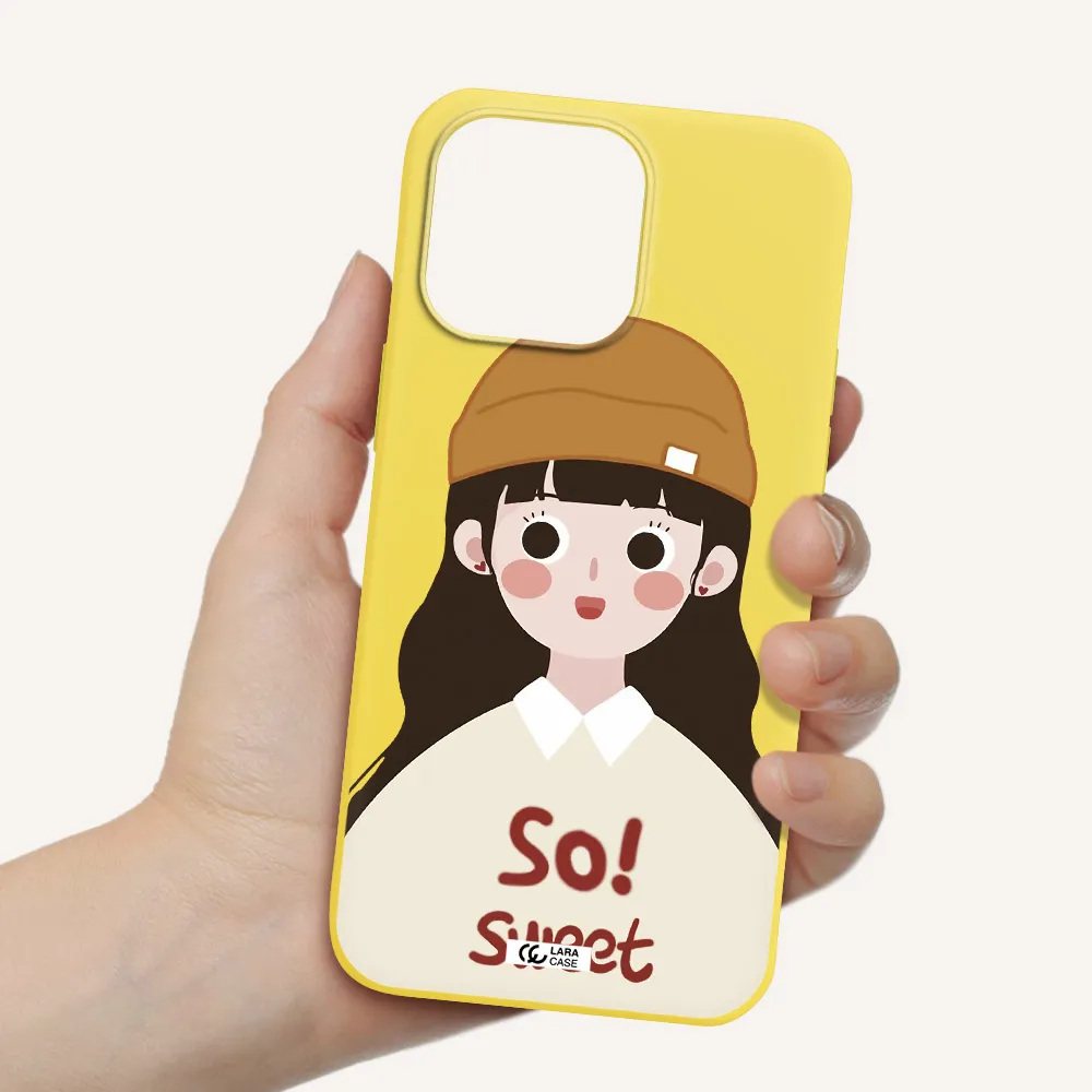 a cartoon of a girl with brown hair Apple iPhone 14 pro max Silicone canary yellow Case