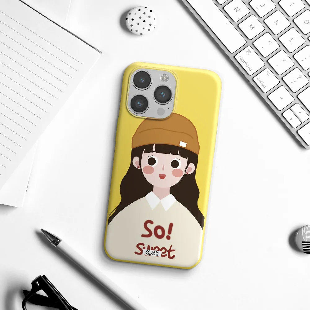 a cartoon of a girl with brown hair Apple iPhone 14 pro max Silicone canary yellow Case