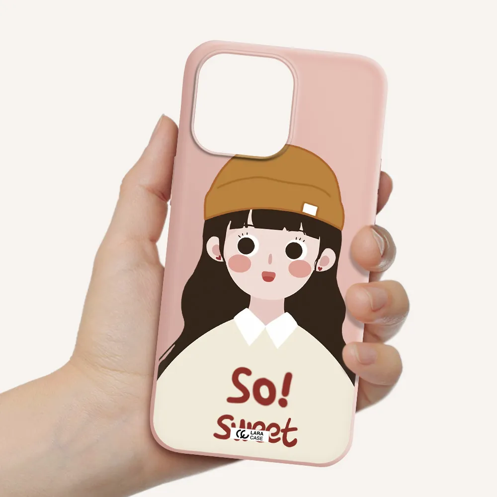 a cartoon of a girl with brown hair Apple iPhone 14 pro max Silicone pastel pink Case