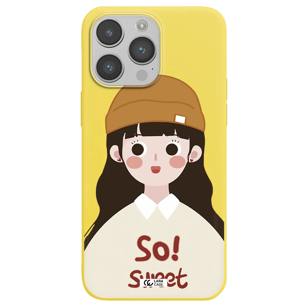 a cartoon of a girl with brown hair Apple iPhone 14 pro Silicone canary yellow Case