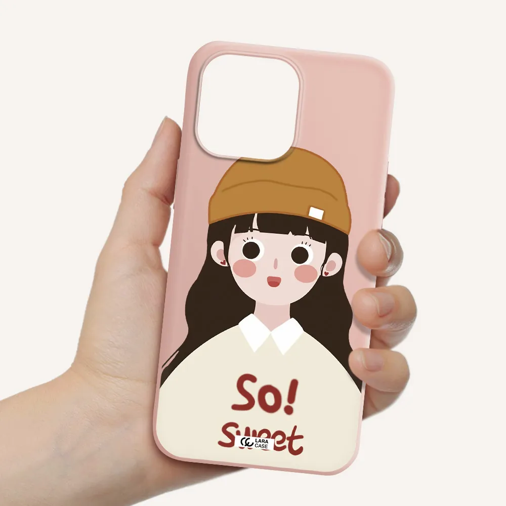 a cartoon of a girl with brown hair Apple iPhone 14 pro Silicone pastel pink Case