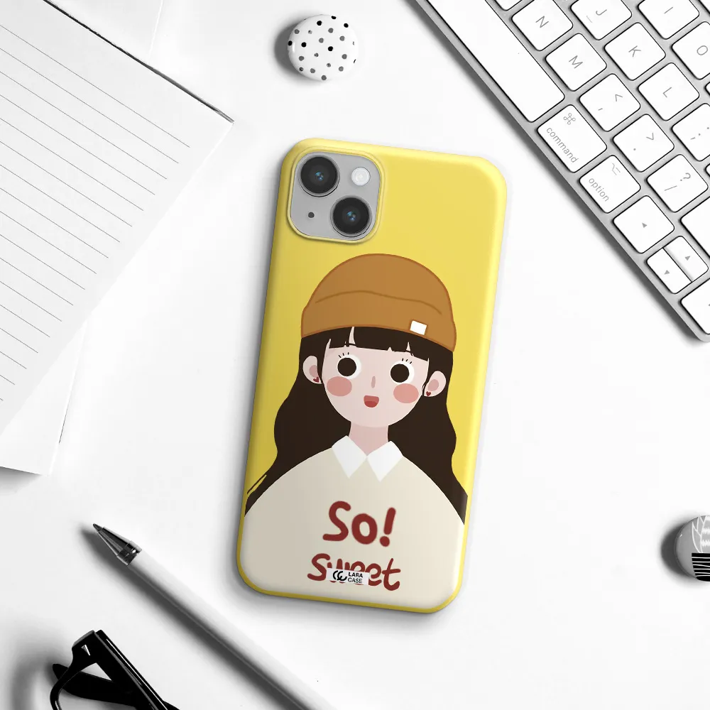 a cartoon of a girl with brown hair Apple iPhone 14 Silicone canary yellow Case
