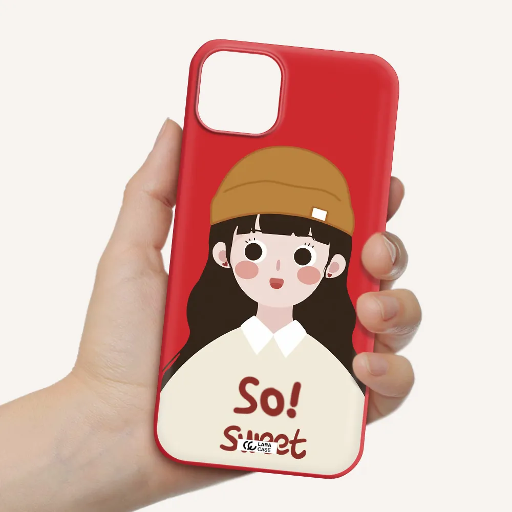 a cartoon of a girl with brown hair Apple iPhone 14 Silicone Imperial Red Case