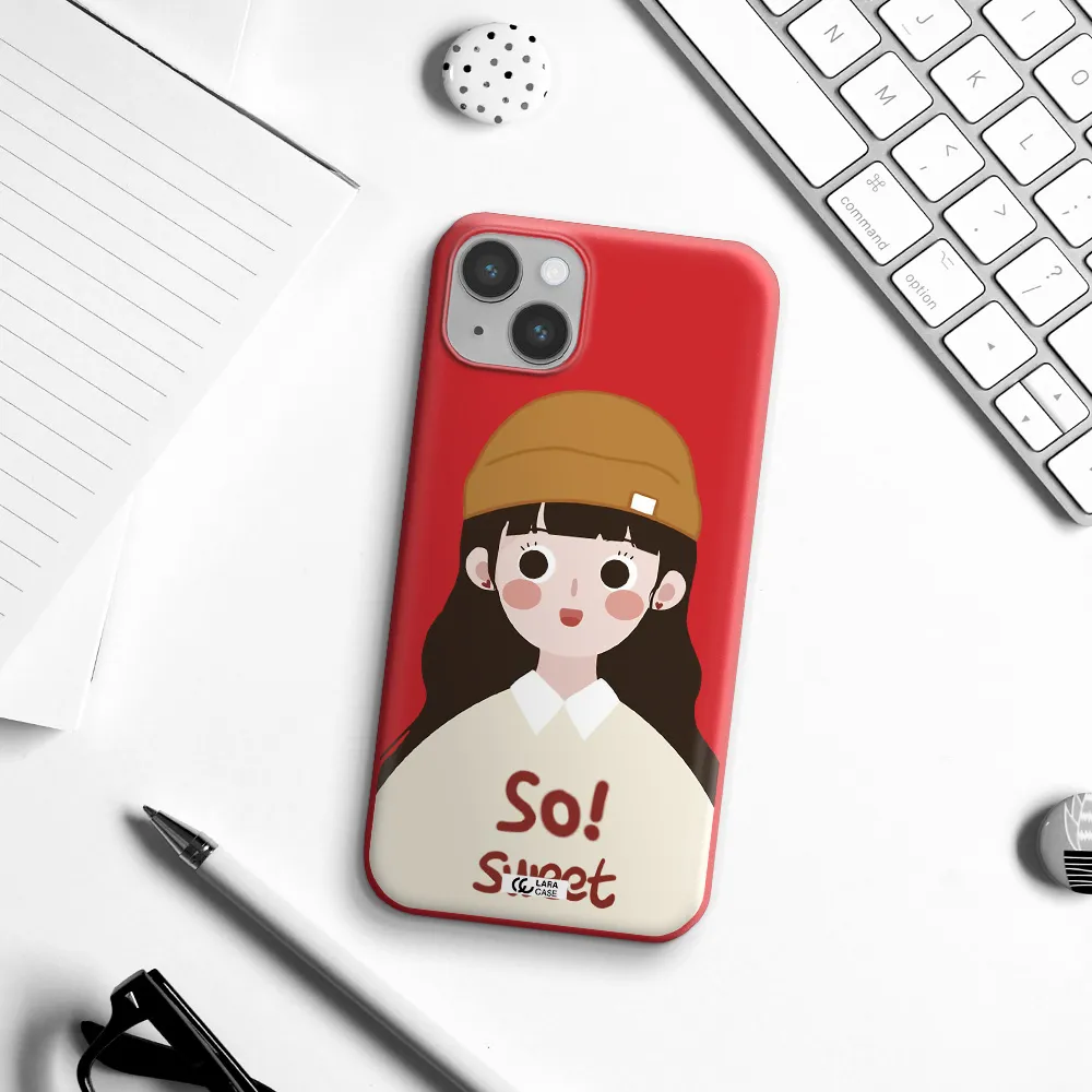 a cartoon of a girl with brown hair Apple iPhone 14 Silicone Imperial Red Case