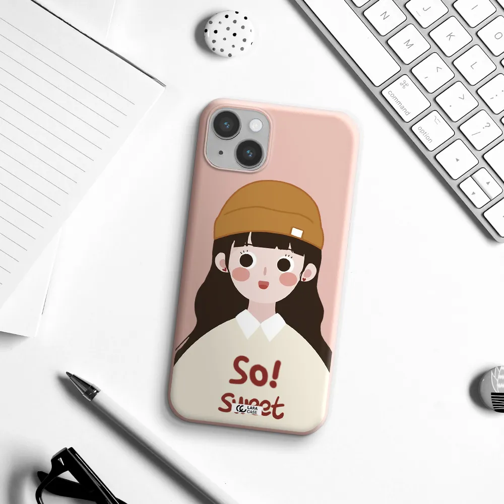 a cartoon of a girl with brown hair Apple iPhone 14 Silicone pastel pink Case